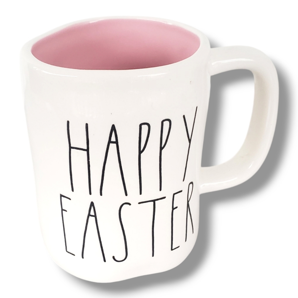 Rae Dunn Mug "HAPPY EASTER" 16 Oz Coffee Tea Pink Interior W Black Letters 2018